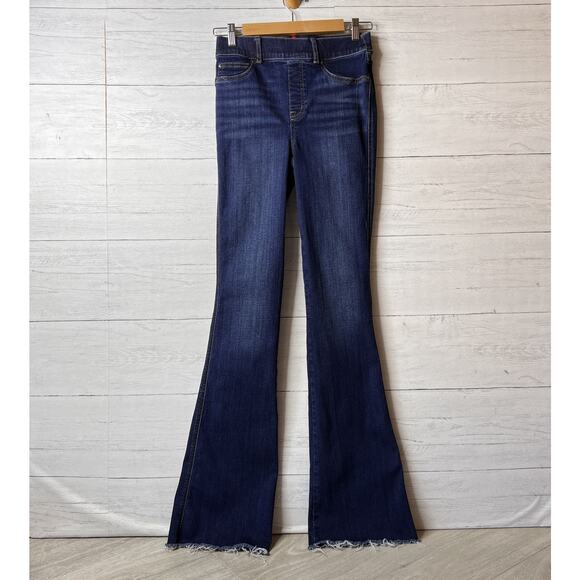 Spanx Jeans Womens Size Small Tall Blue Bootcut Flare Raw Hem Midnight Shade - Picture 3 of 16